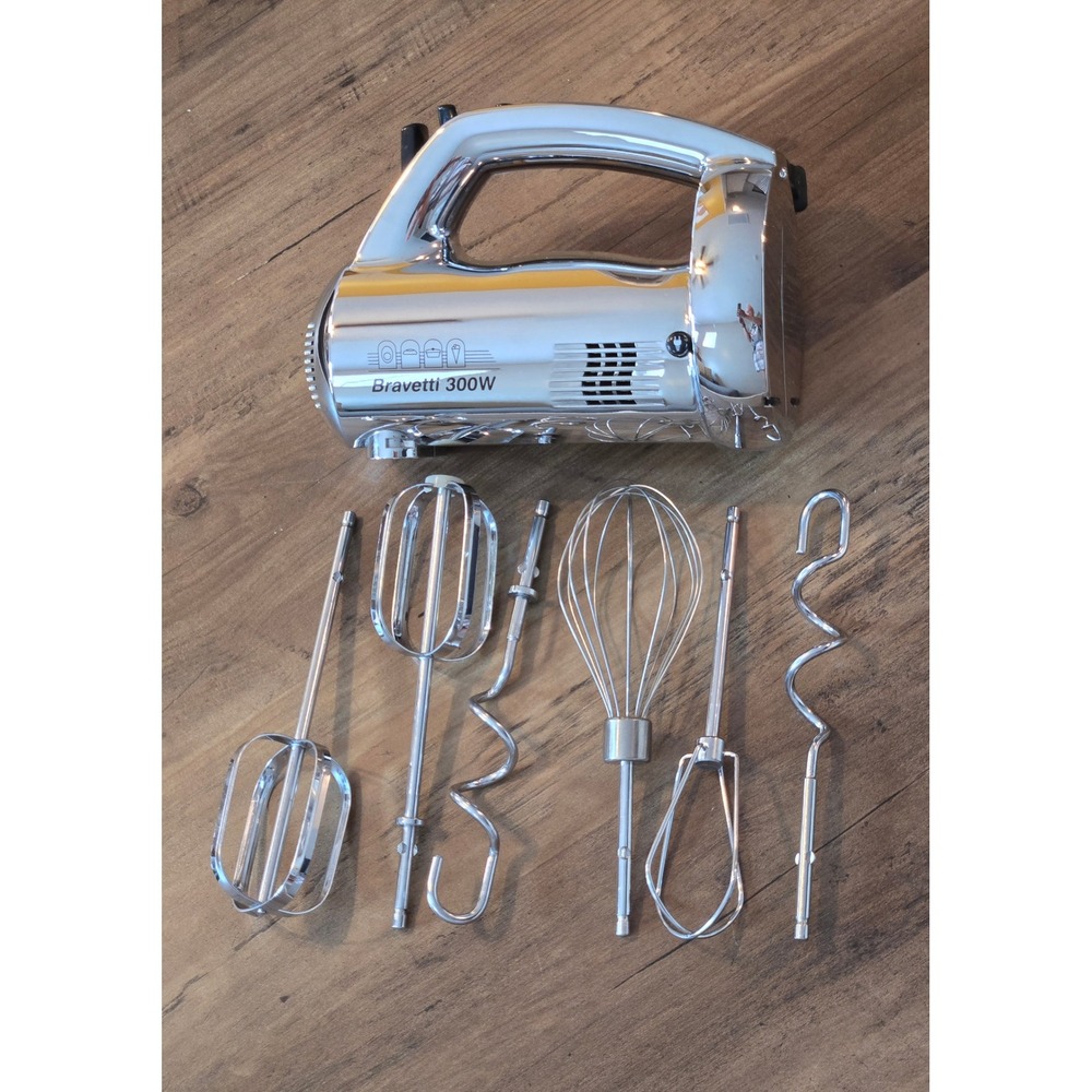 Bravetti 300W Hand Mixer Chrome EP545 3 Speed Turbo with Whisk and Dough Hooks